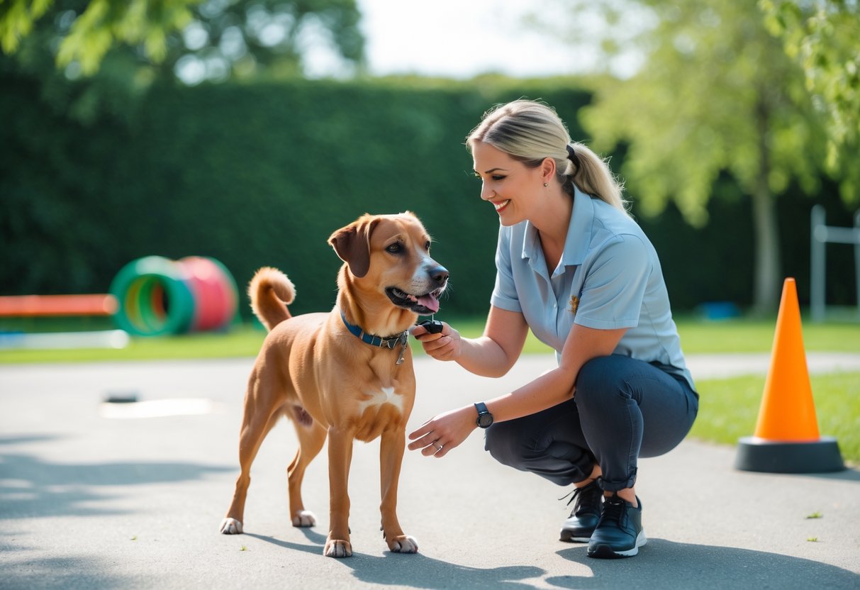 A dog trainer working outdoors with a calm, obedient dog in a green park setting.