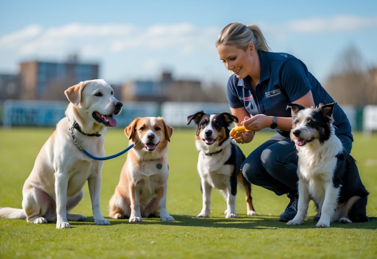 A dog trainer working with several different breeds of dogs in a green outdoor training area.