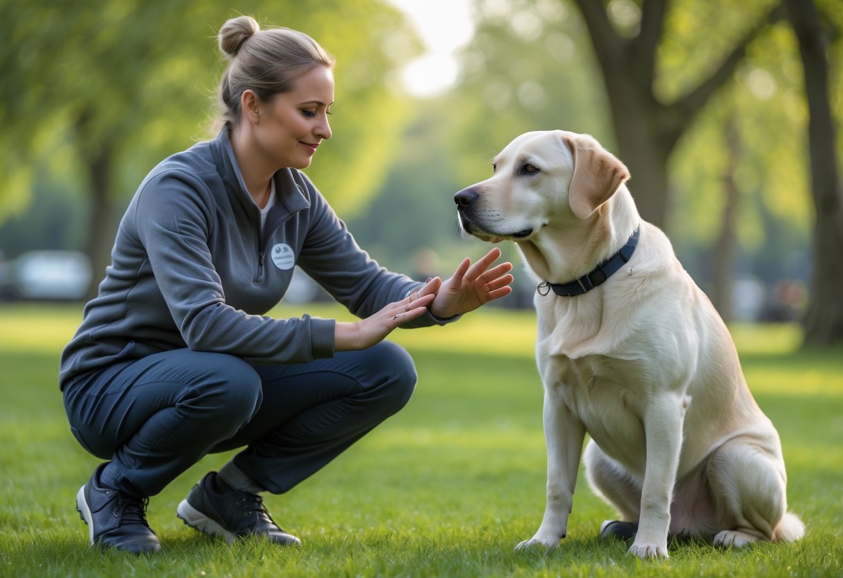 A dog trainer kneeling on grass, communicating with a sitting Labrador Retriever in a green park.
