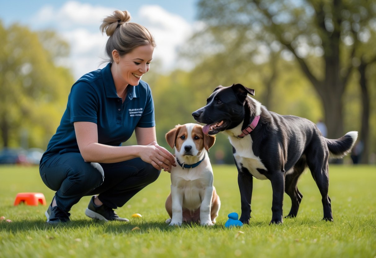 A dog trainer working with a puppy and an adult dog outdoors in a park setting.