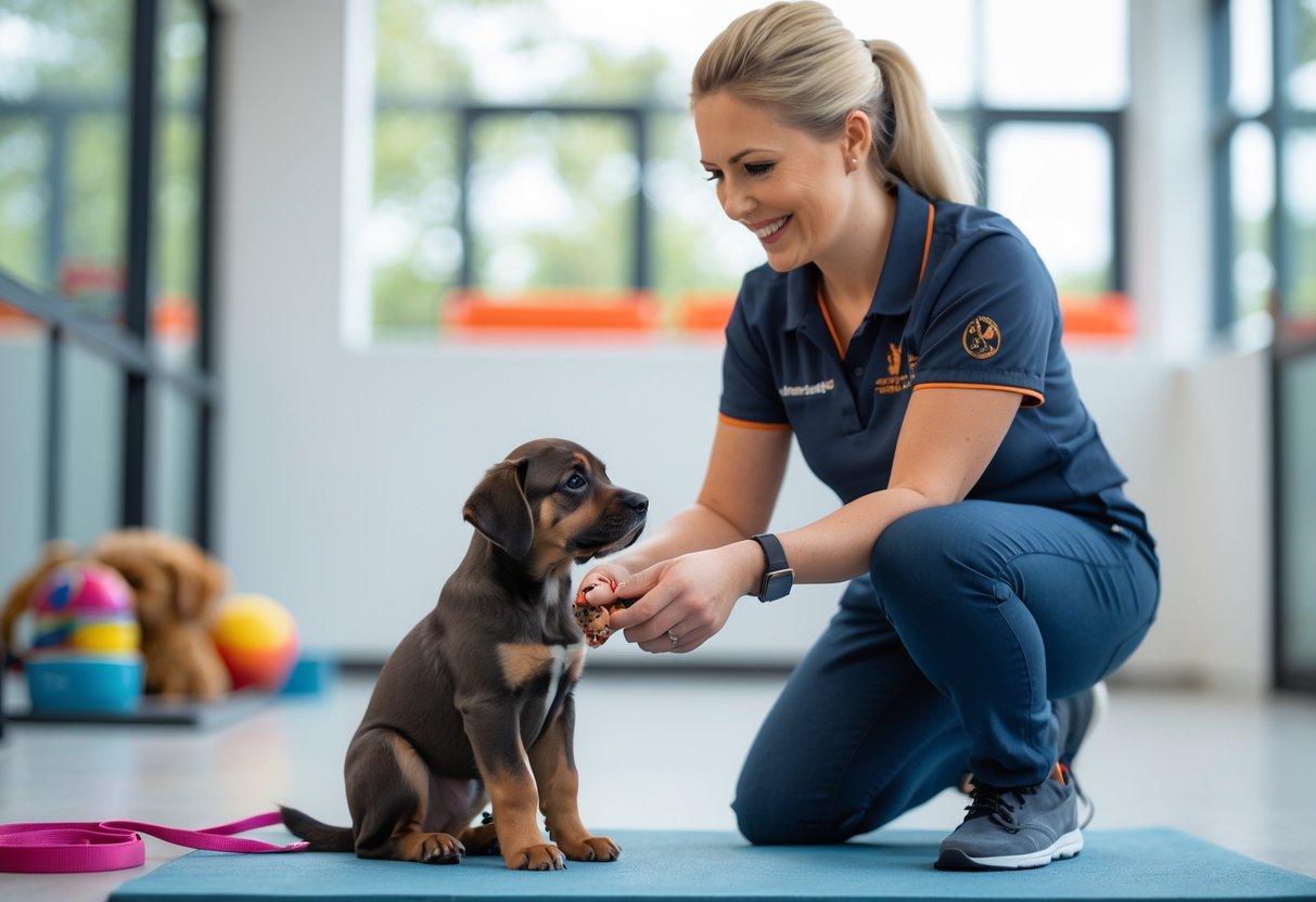 A dog trainer gently guiding a young puppy through obedience training inside a bright indoor training centre.
