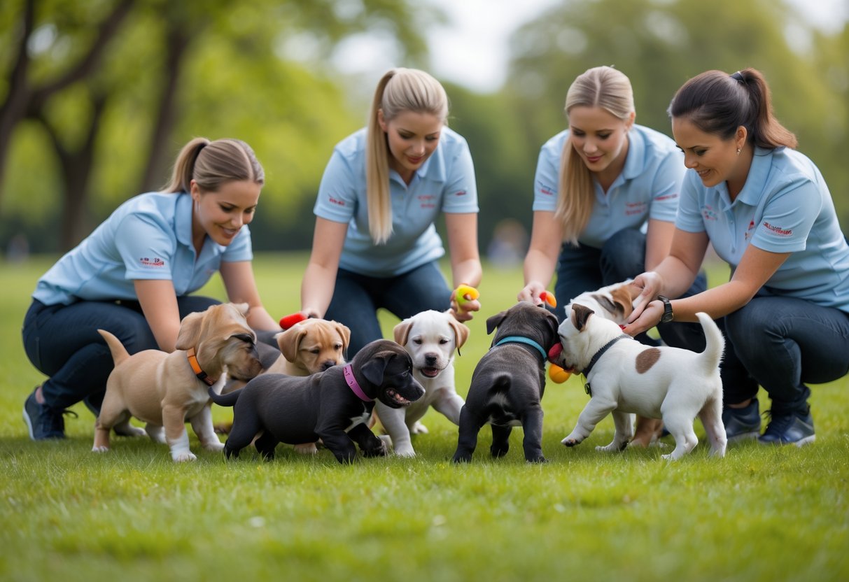 Puppies playing together on grass with dog trainers supervising in a park.