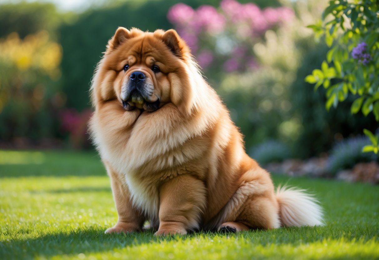 A Chow Chow dog with a thick golden-brown coat sitting on green grass in a garden.