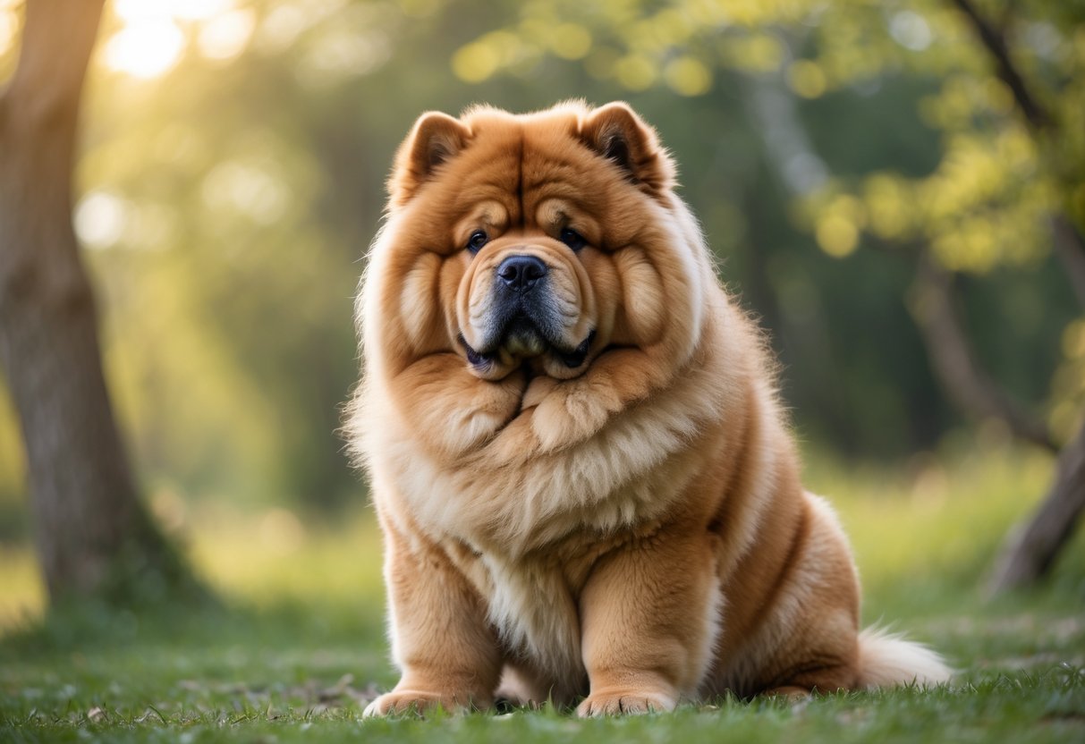 A Chow Chow dog with a thick golden-brown coat sitting outdoors with greenery in the background.