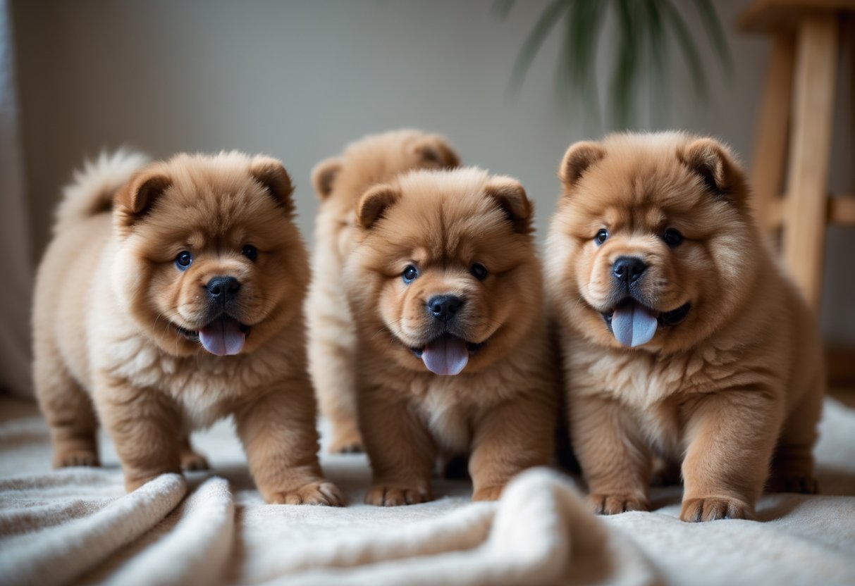 Several Chow Chow puppies playing together on a soft blanket indoors.