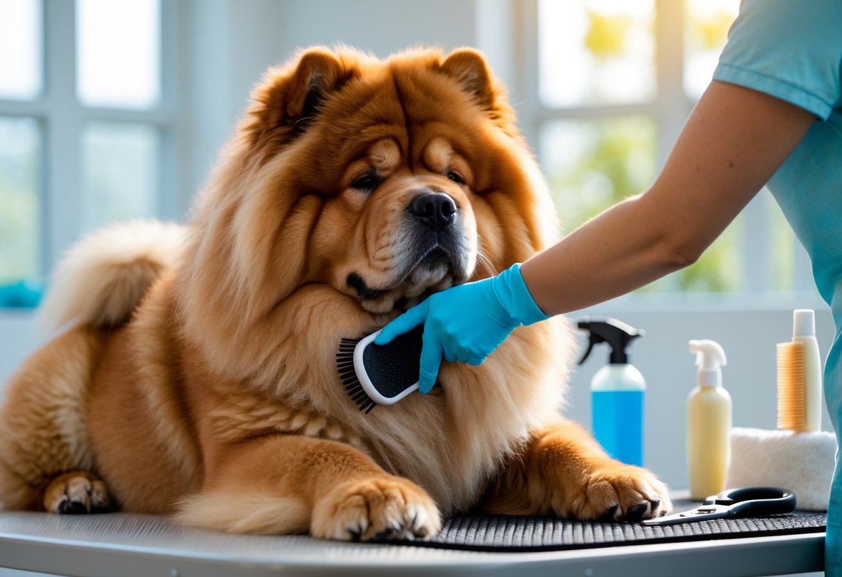 A fluffy Chow Chow dog being gently brushed during grooming in a bright indoor setting.