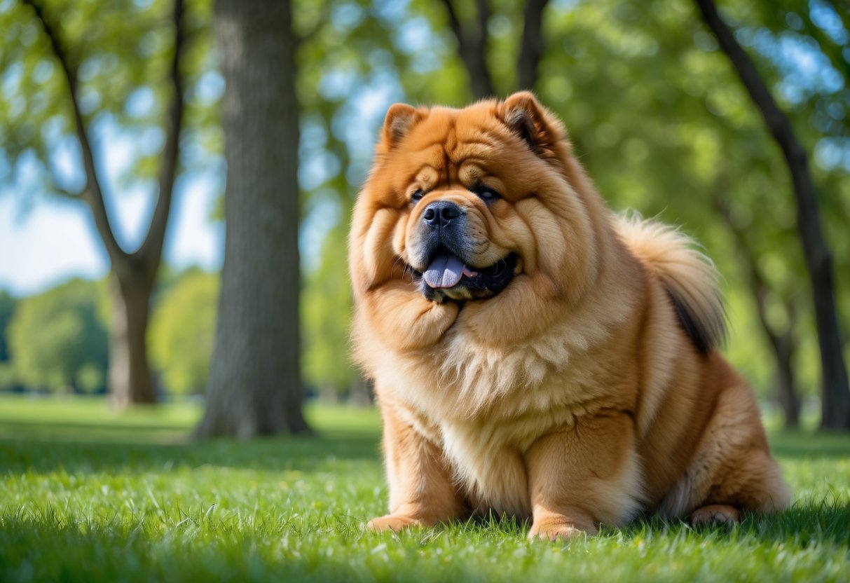 A fluffy Chow Chow dog sitting calmly on green grass in a sunny park surrounded by trees.
