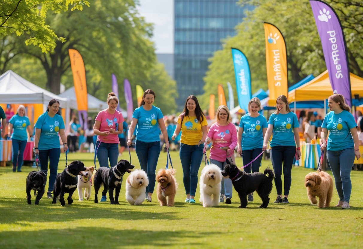 People and dogs enjoying a sunny outdoor charity event in a park in Sheffield.