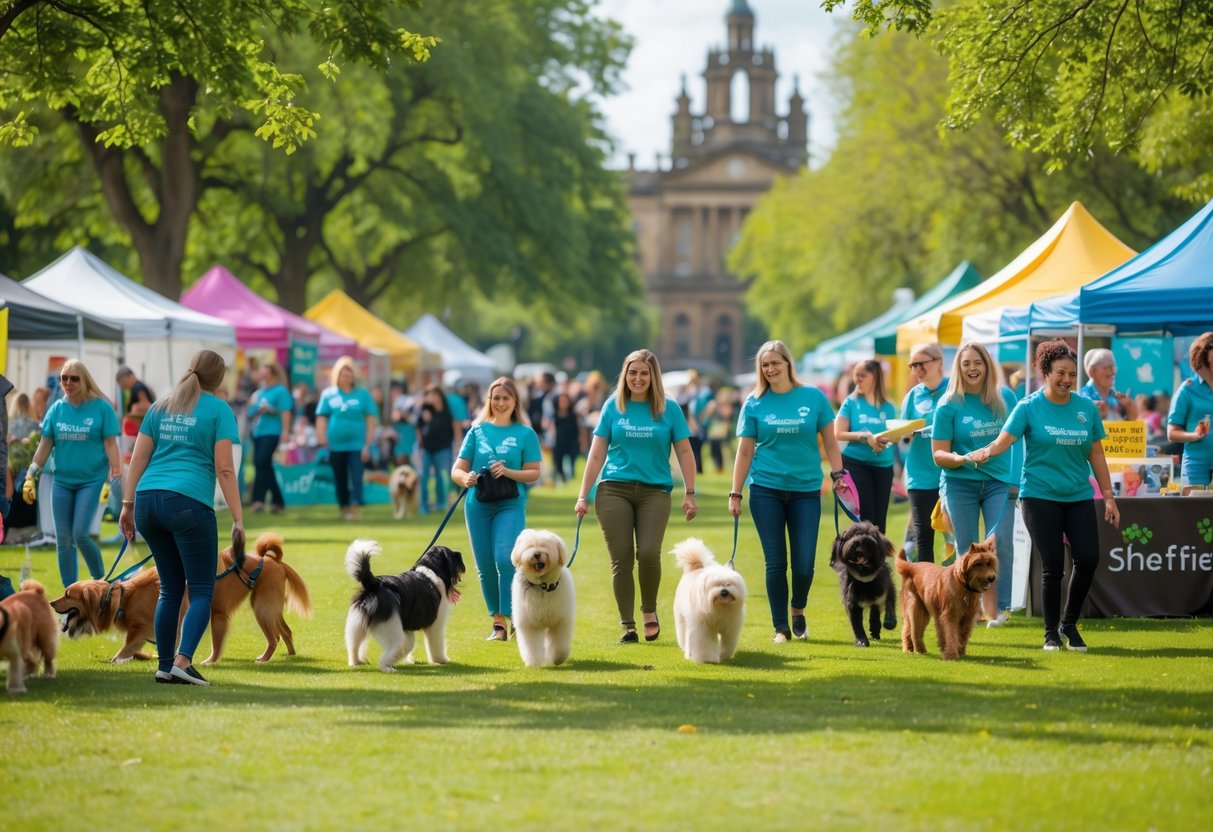 People and dogs enjoying a lively outdoor charity event in a park with tents and volunteers in Sheffield.
