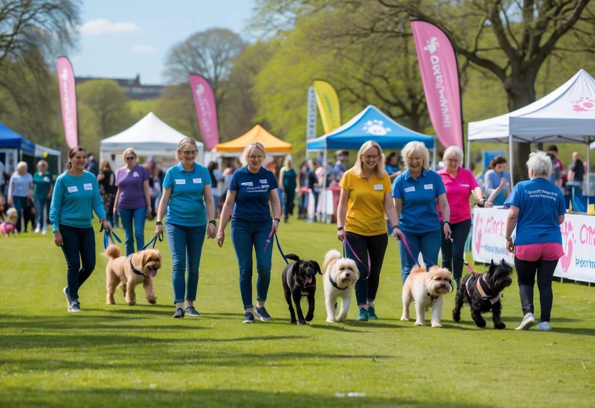 A group of people of all ages enjoying a dog charity event outdoors in a green park with various dogs playing and volunteers helping.
