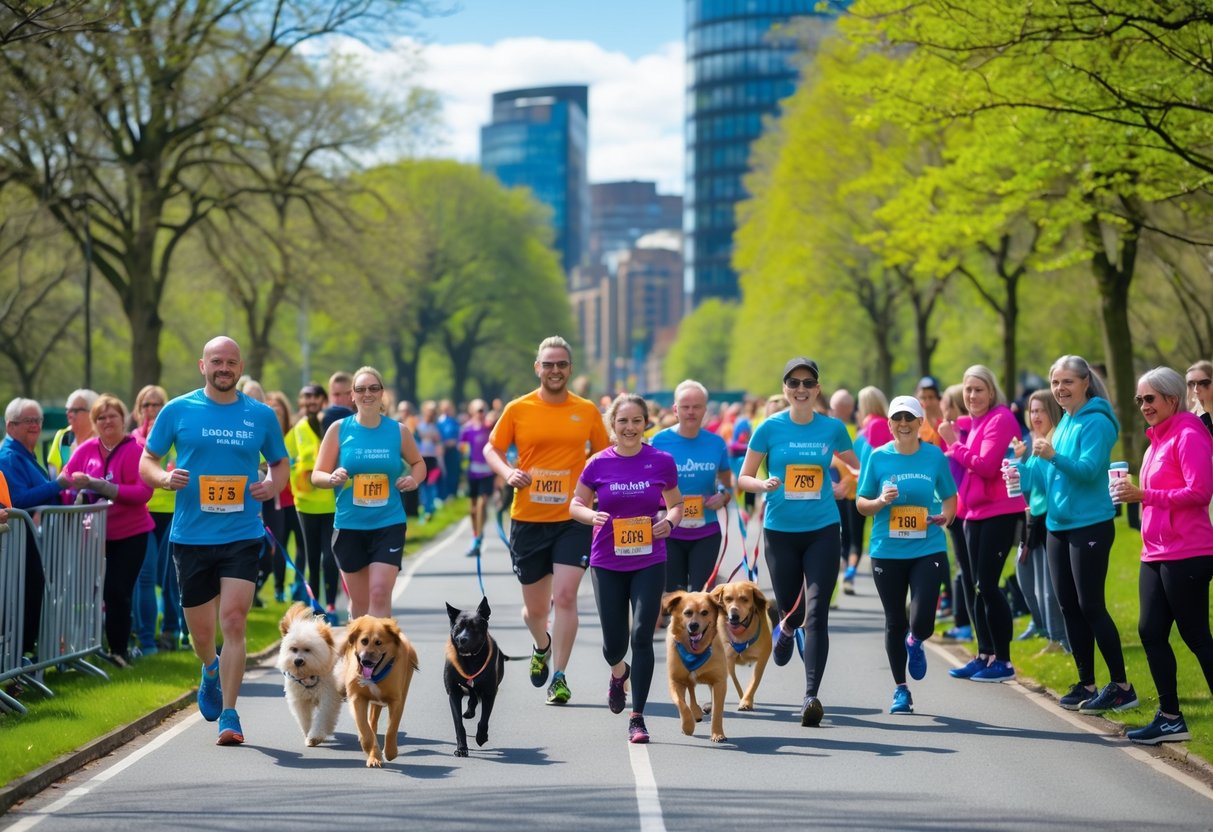 Runners and dogs taking part in a charity race in a park with city buildings in the background