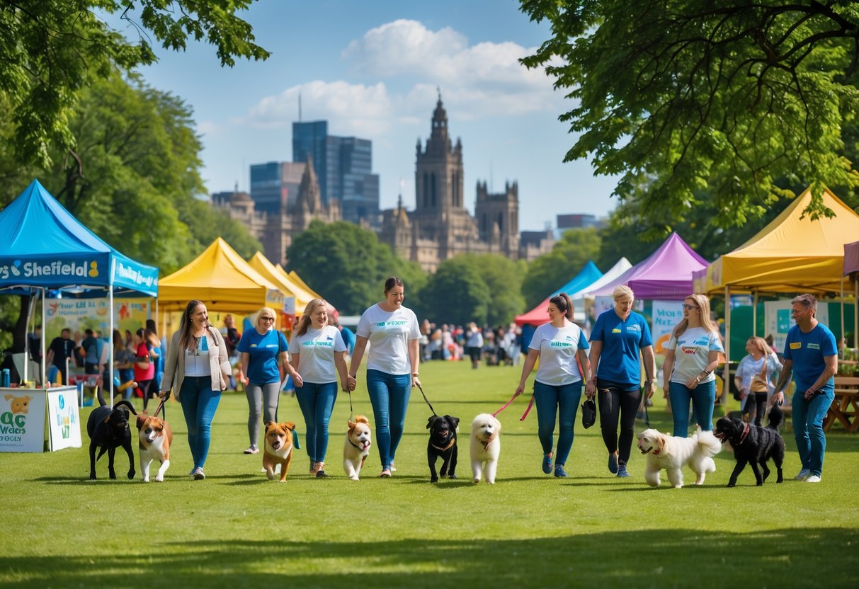 People and their dogs enjoying a sunny charity event outdoors in a park with tents and activities, with Sheffield city in the background.