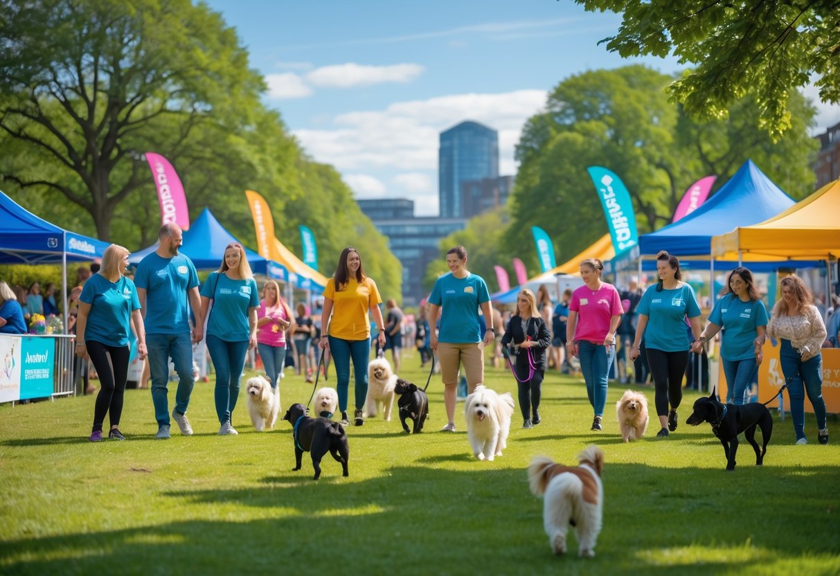 People and dogs enjoying a lively outdoor charity event in a park with tents and trees on a sunny day.