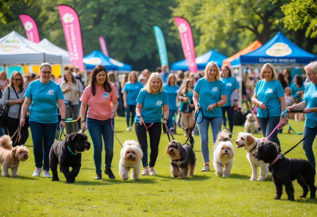 People and dogs enjoying a sunny outdoor charity event in a park with tents and volunteers.