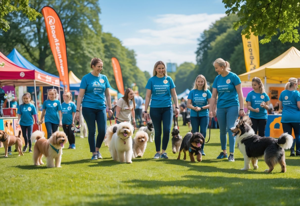 People and dogs enjoying a lively outdoor charity event in a park with tents and activities.