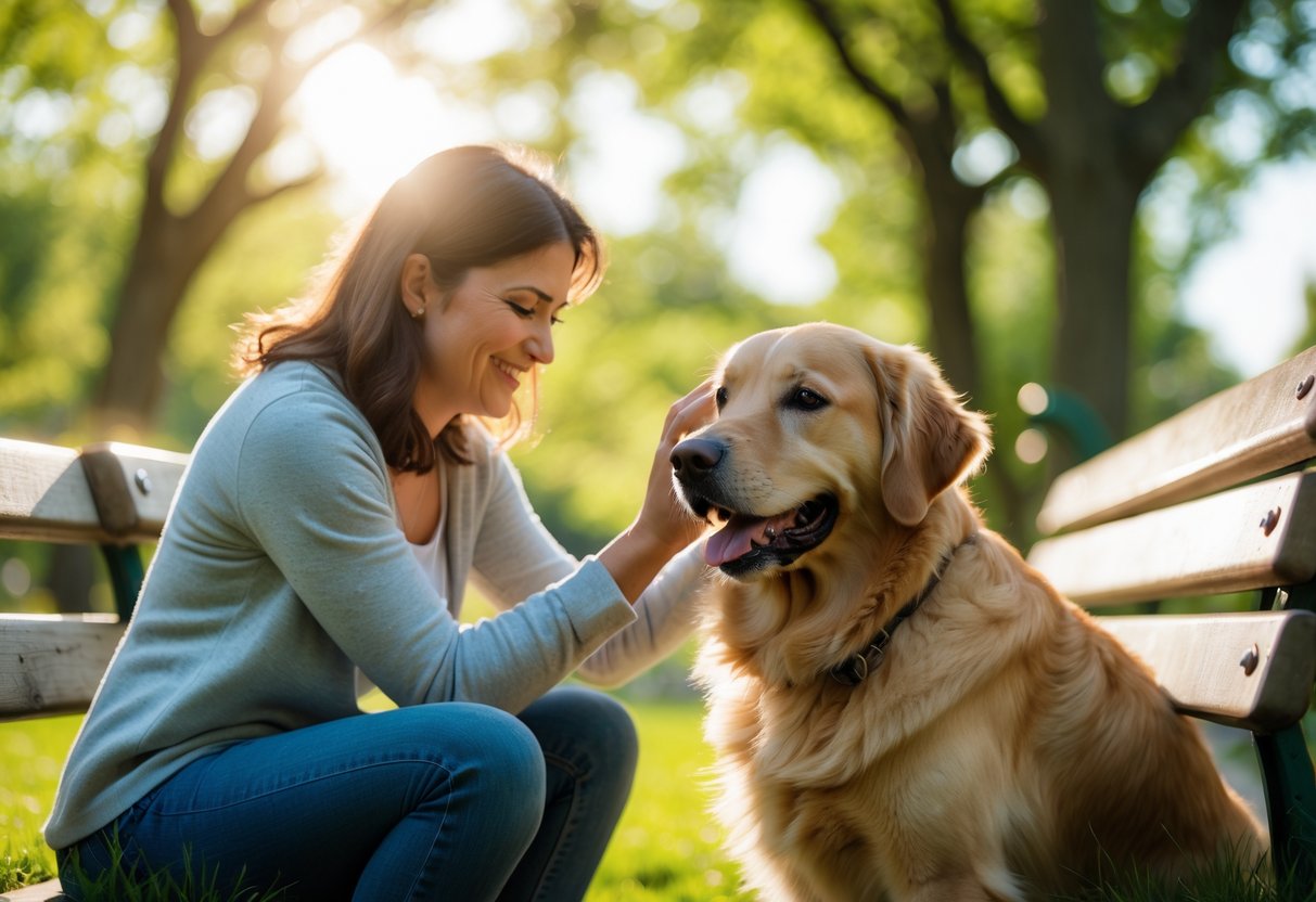 A person gently petting a golden retriever on a park bench, both looking happy and relaxed in a sunny outdoor setting.