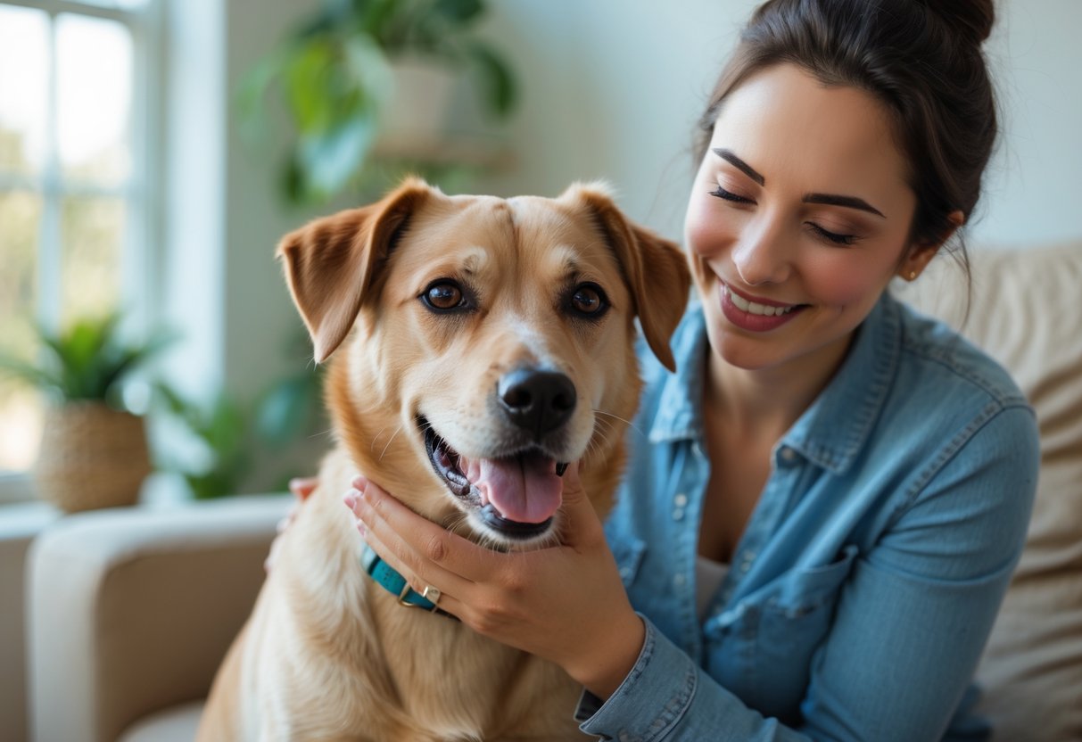 A person gently petting a happy dog sitting beside them in a bright living room.