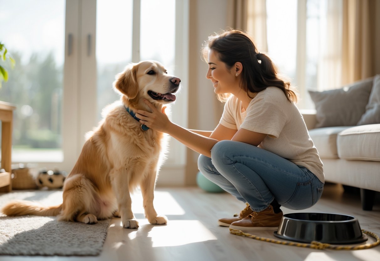 A person gently petting a happy dog in a bright living room, showing affection and trust.