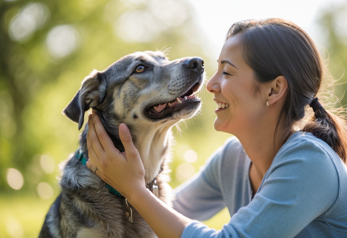 A person gently petting a happy dog outdoors in a green park setting.