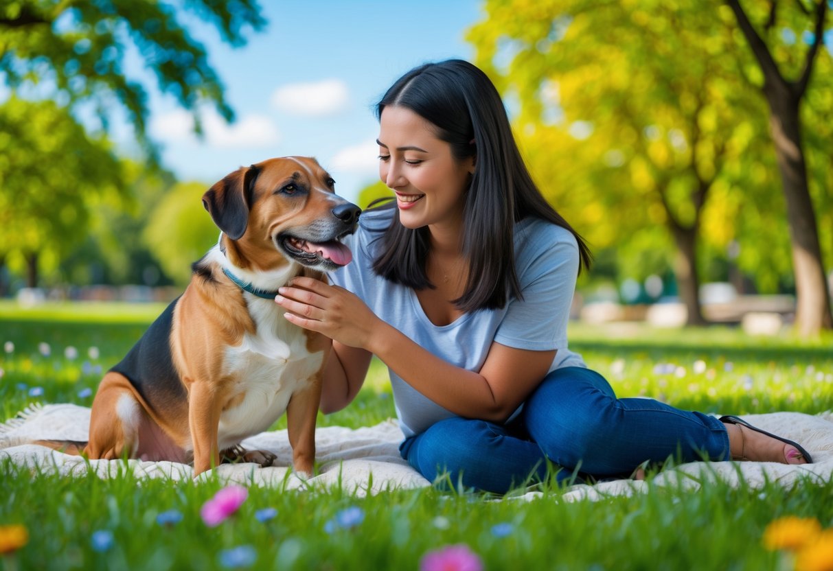 A person sitting on grass in a park, lovingly petting their dog as the dog leans into the touch.