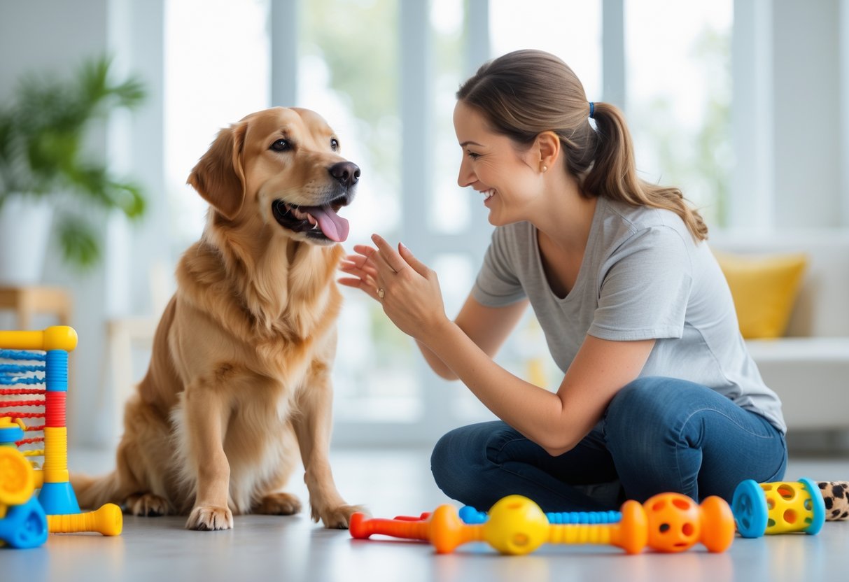 A happy dog sitting attentively while its owner gently pets it in a bright indoor training space with dog toys around.