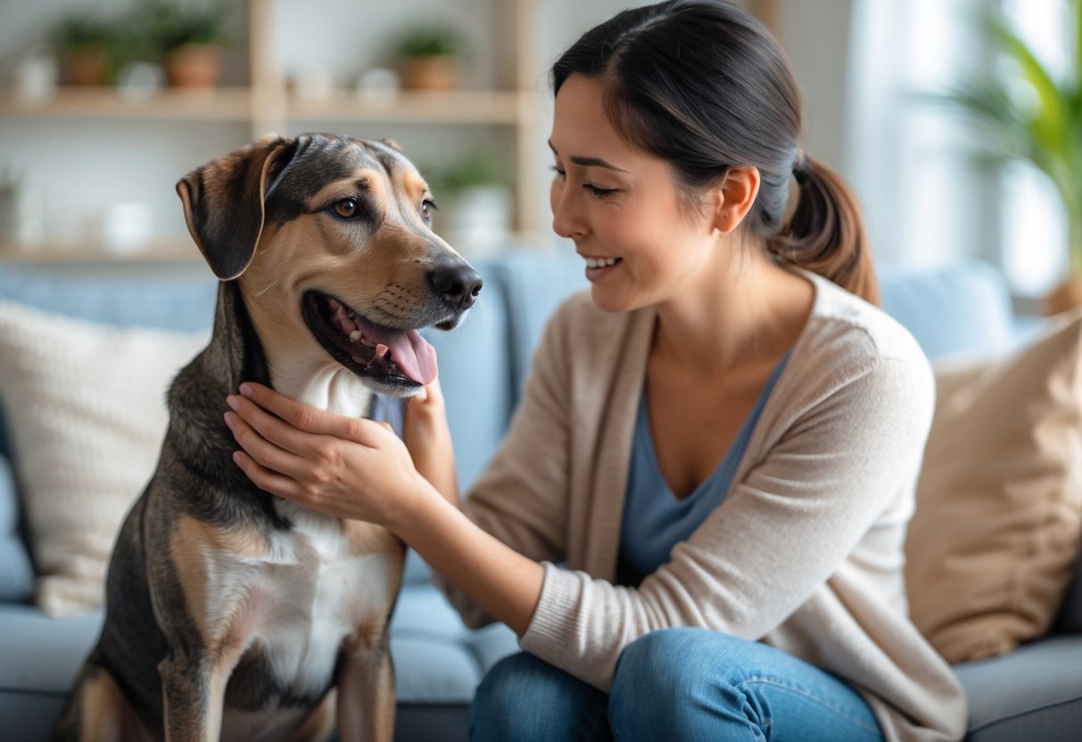 A person gently petting a happy dog indoors, both showing affection and comfort.