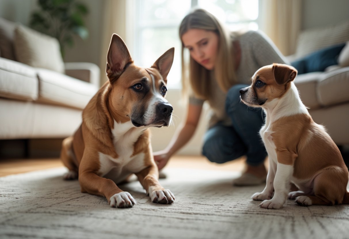 A medium-sized dog looking intently and slightly distressed while watching a person give attention to another dog indoors.