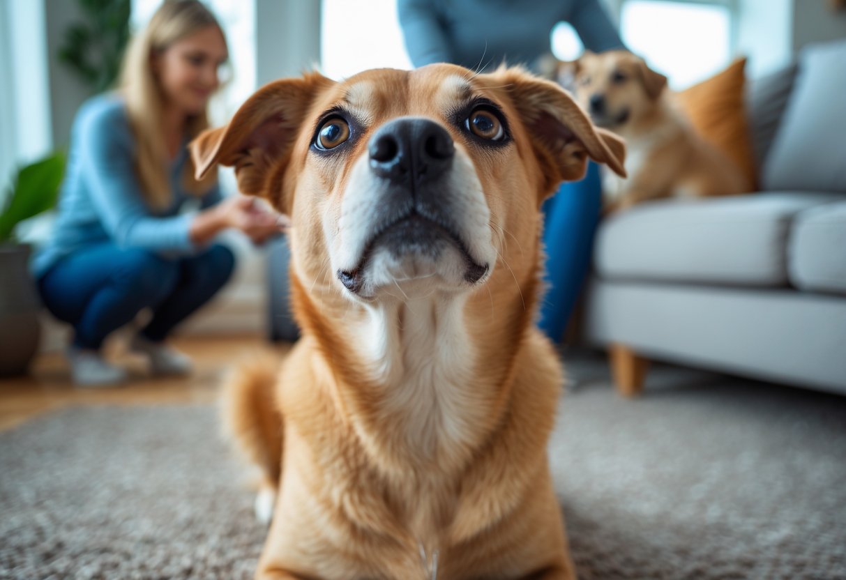 A dog sitting indoors looking up with a slightly jealous expression while a person interacts with another pet in the background.