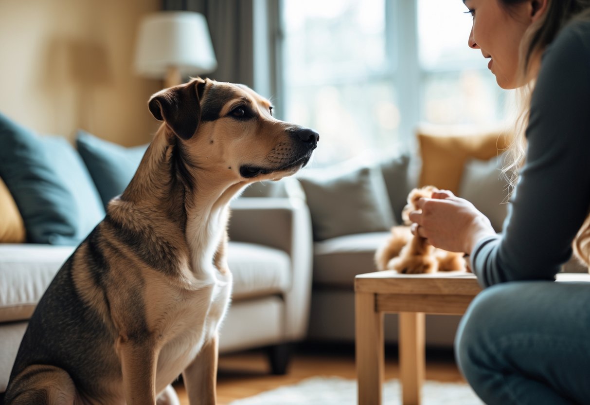 A dog sitting indoors looking sideways with a jealous expression while a person gives attention to another pet in a cozy living room.