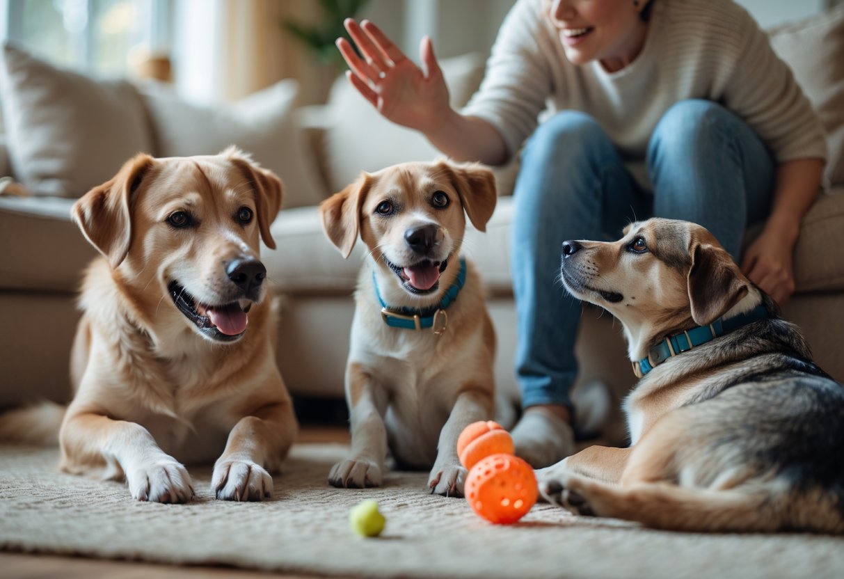 Three dogs at different ages in a living room showing subtle signs of jealousy as a person gives attention to another dog.