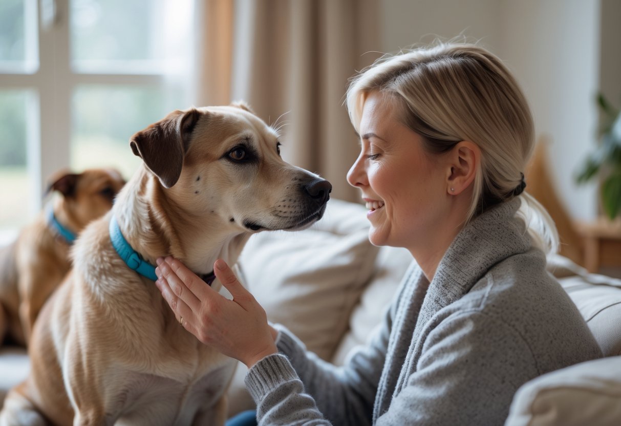 A person gently petting a dog while another dog watches nearby in a cosy living room.