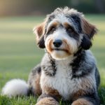 A Bernedoodle dog sitting on green grass outdoors, looking slightly to the side.