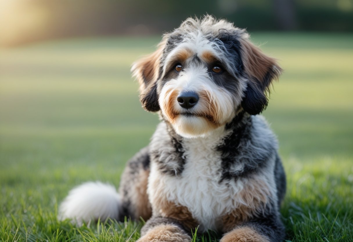 A Bernedoodle dog sitting on green grass outdoors, looking slightly to the side.