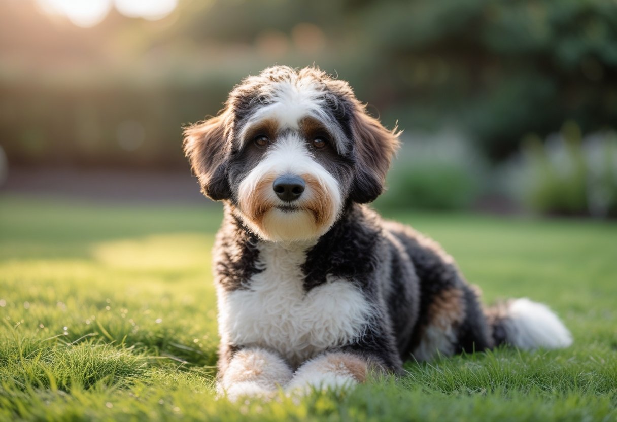 A Bernedoodle dog sitting on green grass outdoors, looking attentively towards the camera.