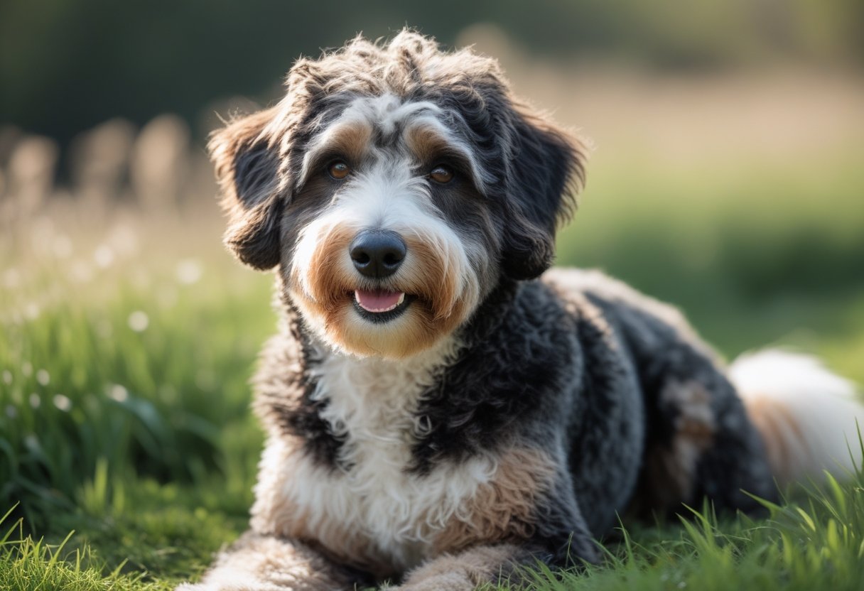 A Bernedoodle dog sitting calmly on green grass outdoors, looking friendly and attentive.