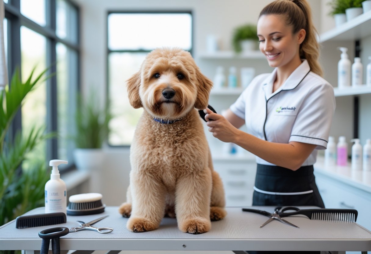 A Bernedoodle dog sitting on a grooming table with a pet care professional brushing its coat in a bright, clean grooming room.