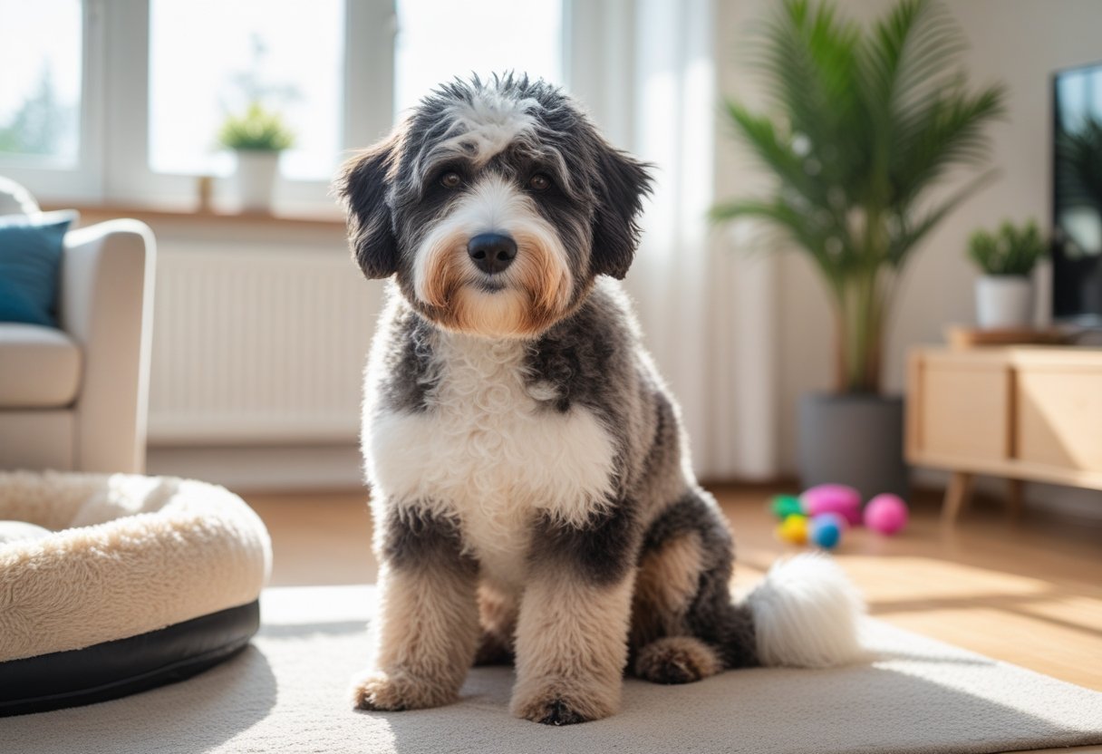 A Bernedoodle dog sitting calmly in a bright living room with toys and a dog bed nearby.