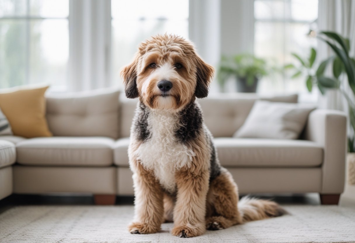 A Bernedoodle dog sitting in a bright living room with a sofa and plants in the background.