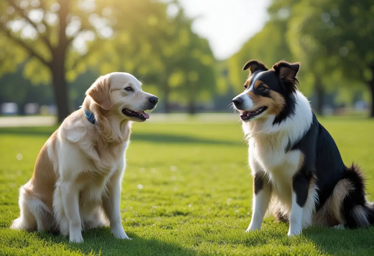 Two dogs interacting and communicating with each other in a sunny park.