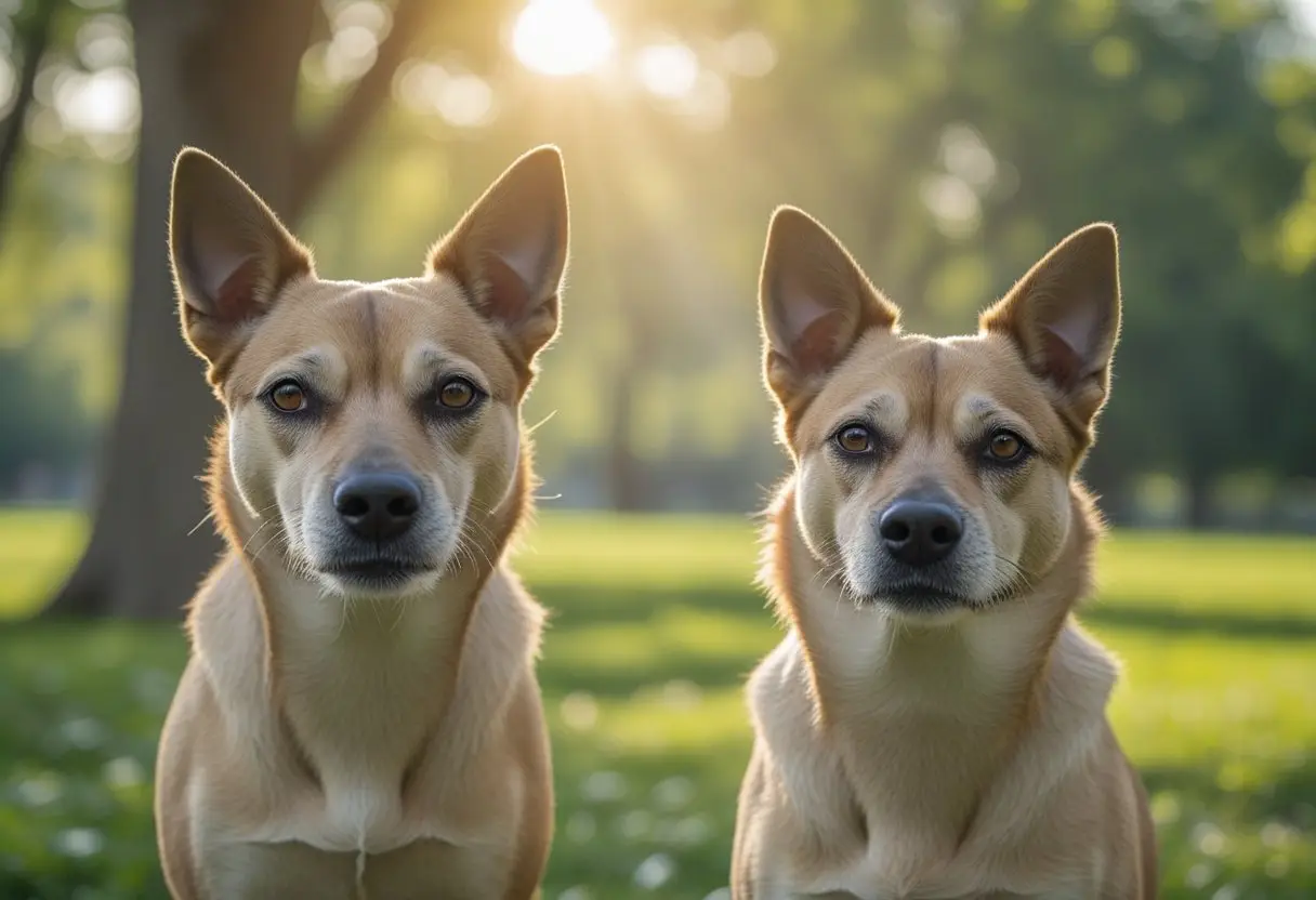 Two dogs in a park communicating through their body language, one relaxed and the other alert.