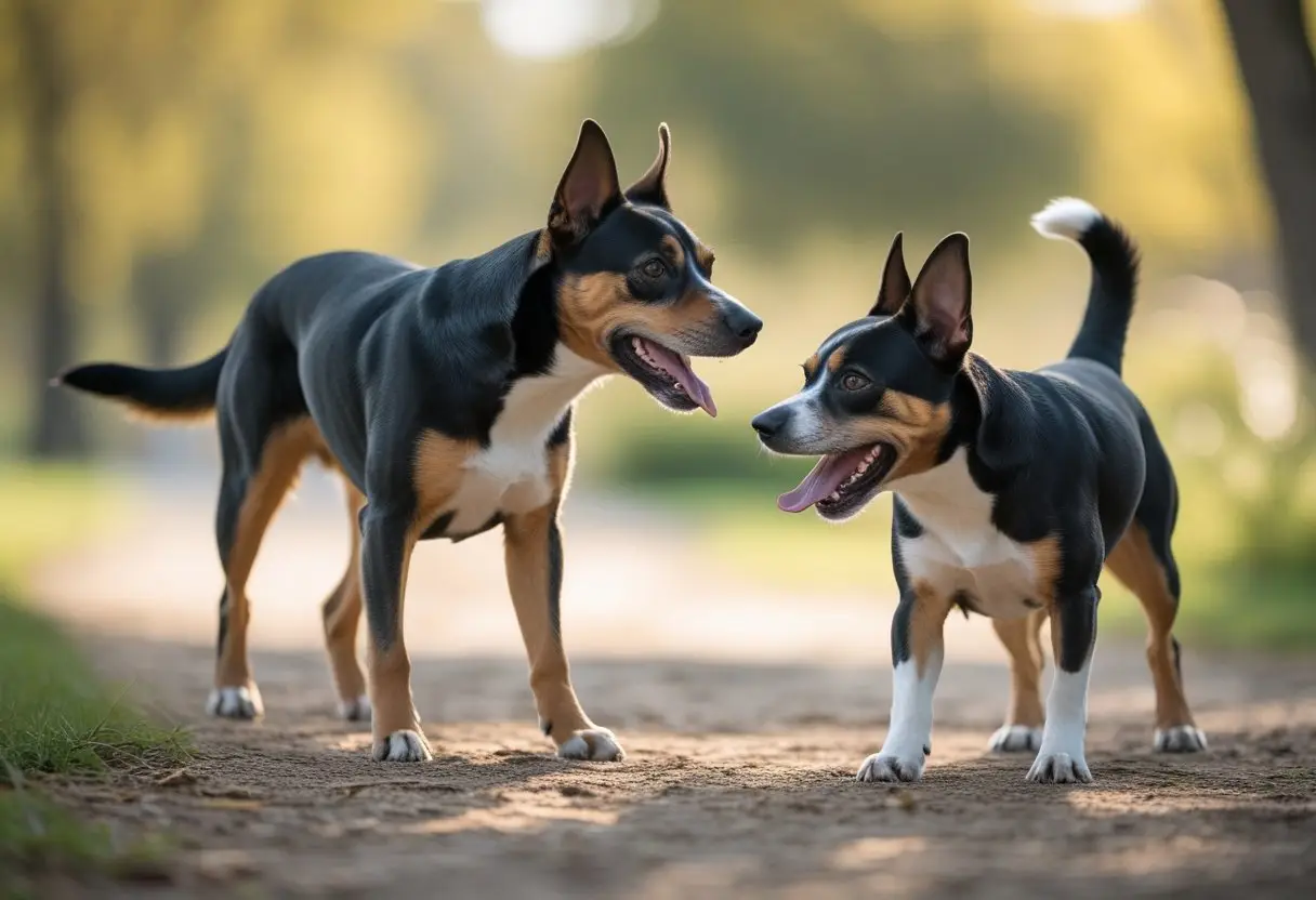 Two dogs in a park communicating through different tail wagging speeds, one slow and cautious, the other fast and excited.