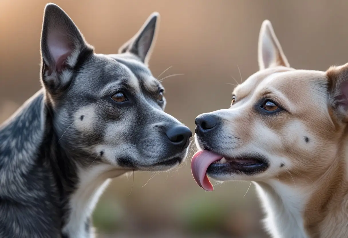 Two dogs interacting outdoors, one with raised eyebrows and the other licking its lips.