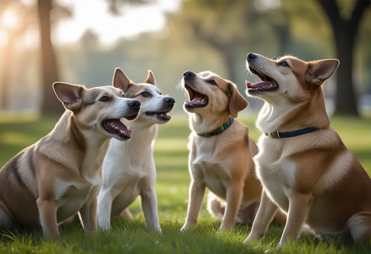 Several dogs of different breeds communicating with each other outdoors, showing barking, whining, growling, and howling behaviours.