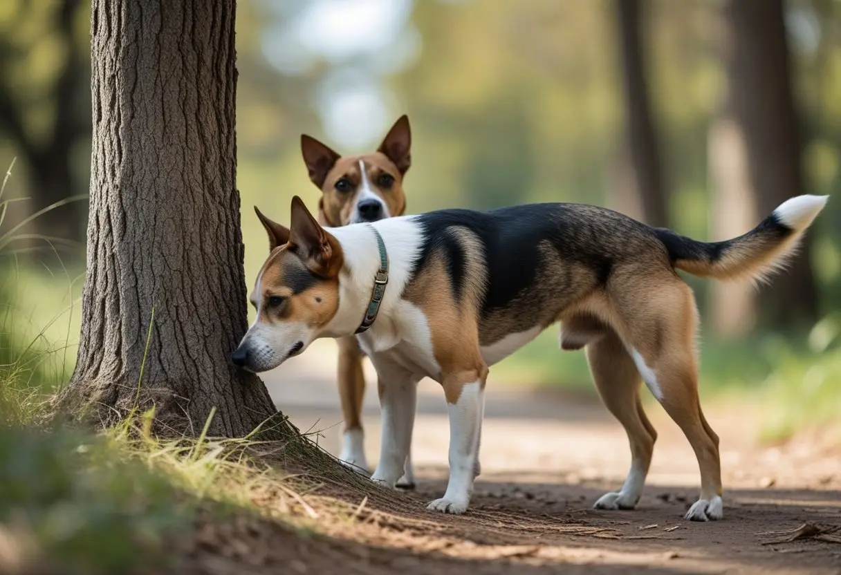 Two dogs outdoors, one sniffing a tree trunk while the other watches nearby.