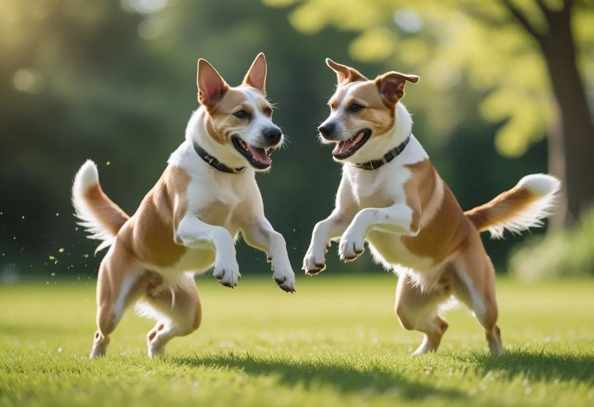 Two dogs performing play bows facing each other in a green outdoor setting.