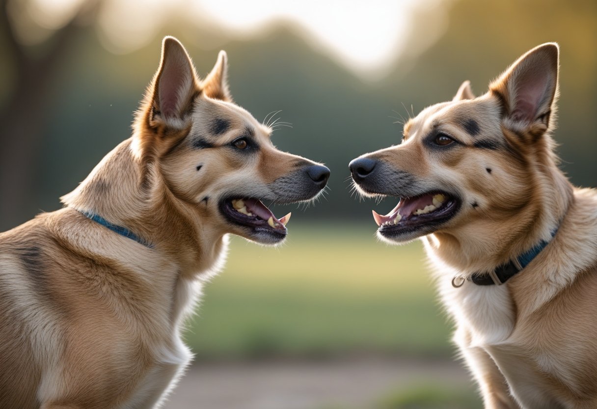 Two dogs outdoors, one showing raised hackles and bared teeth while the other watches cautiously.