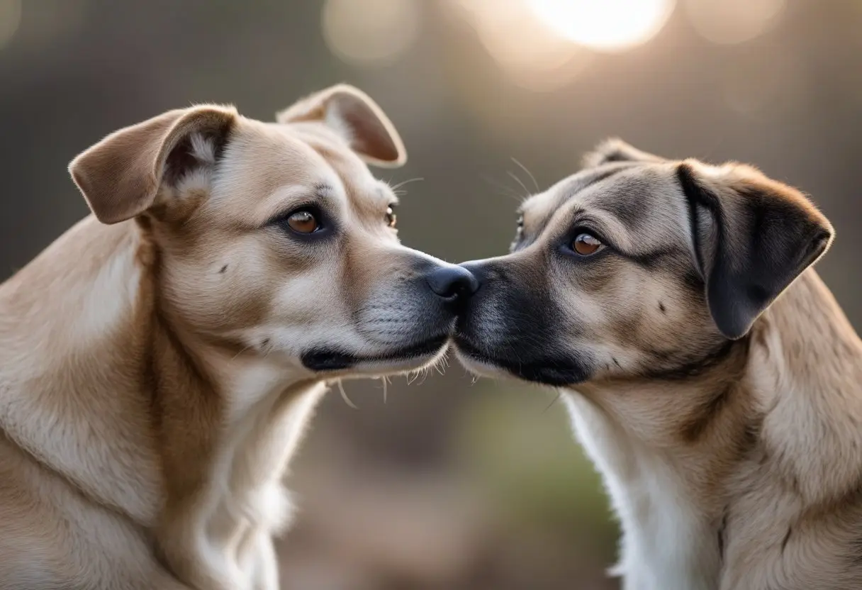Two dogs interacting outdoors, one making direct eye contact while the other looks away slightly, showing different expressions.