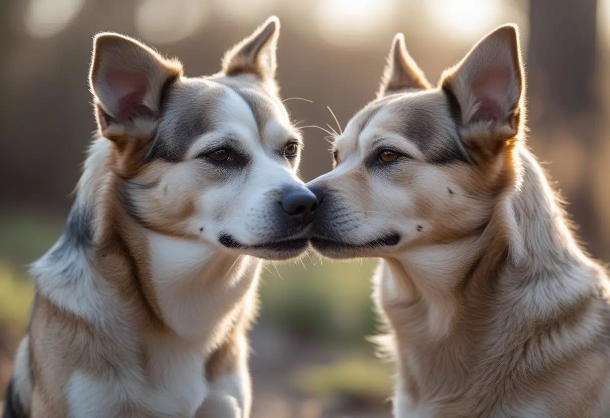 Two dogs gently nuzzling each other outdoors, showing affectionate bonding.
