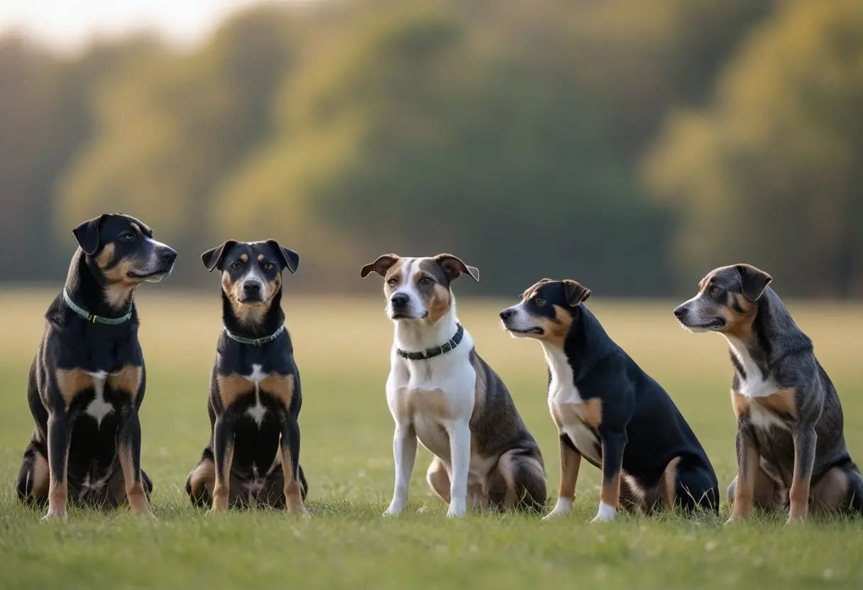 A group of dogs in a park showing different postures that indicate their social hierarchy and roles.