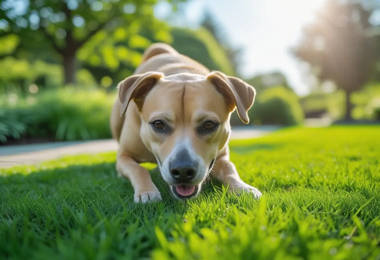 A healthy dog gently eating grass in a sunny garden with green plants and trees in the background.